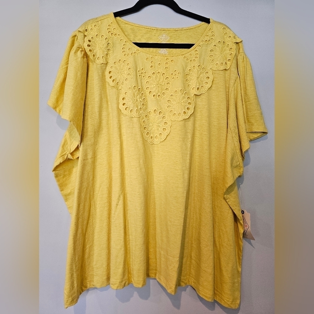St. John's Bay Women's Plus Size 5X Yellow Top Eyelet Bib 100% Cotton New w Tag